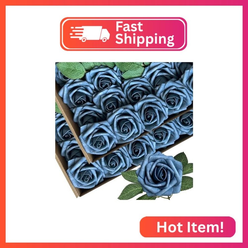 50pcs Dusty Blue Shades Foam Fake Rose with Stems 12 Leaves Artificial Flowers R