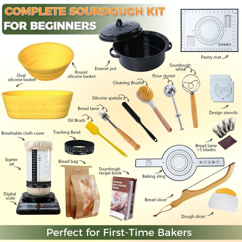 Sourdough Starter Kit for Beginners - 34 oz Jar, Silicone Proofing Baskets, Reci gallery