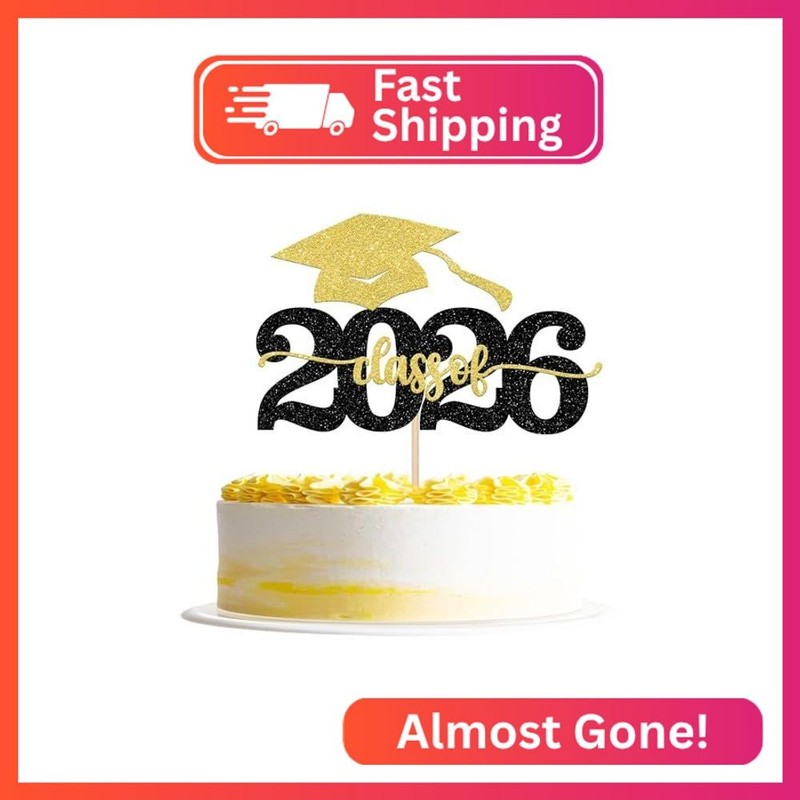 1 PCS Class of 2026 Cake Topper Black Glitter Congrats Graduation Cap Cake Pick
