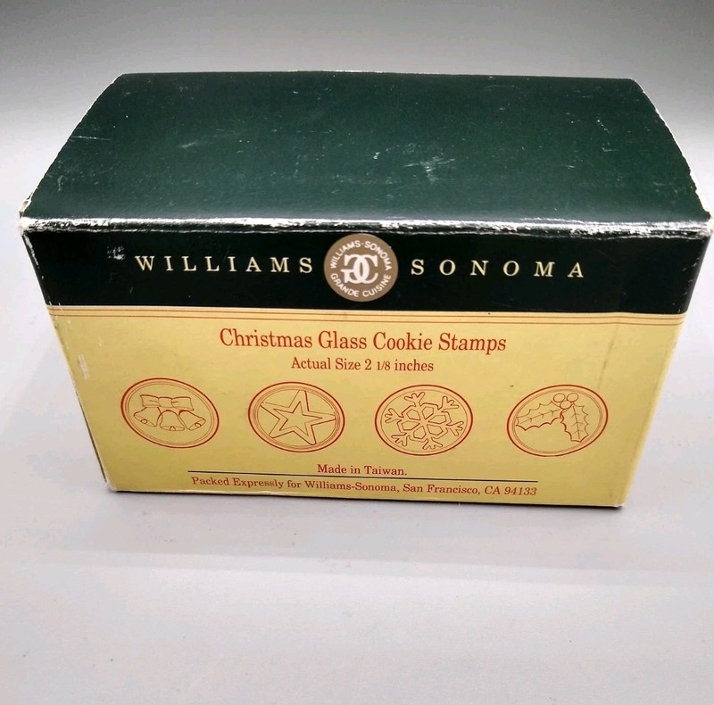 Williams Sonoma glass Cookie Stamps Set Of 4 w/ box Holly, Bell, snowflake, star gallery