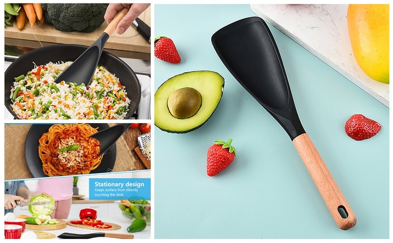 2 Pcs Wooden Handle Silicone Cooking Spoon Set for Nonsti Cookware gallery