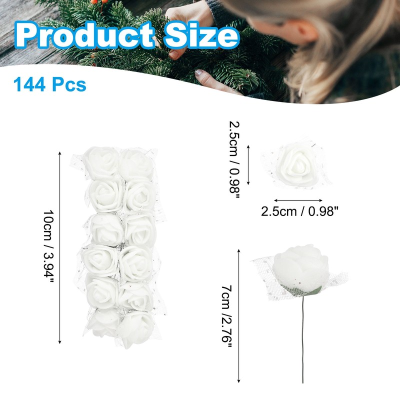 144Pcs Mini Artificial Roses 0.98" with Stem and Chiffon, White for Bulk gallery