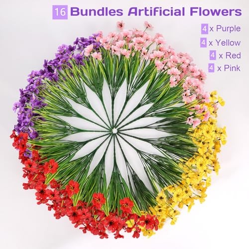 Artificial Mums Flowers for Outdoors, 16 Bundles UV 16PCS Mix 4 Colors gallery