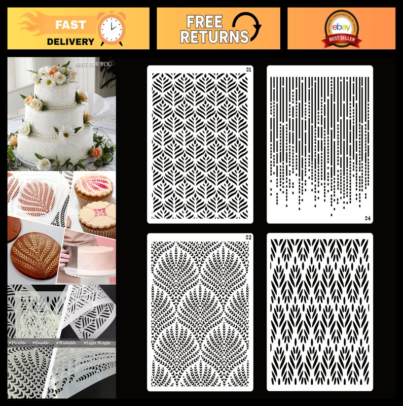 Floral Wedding Cake Stencils Set – 4 Reusable Buttercream Templates for DIY Baki