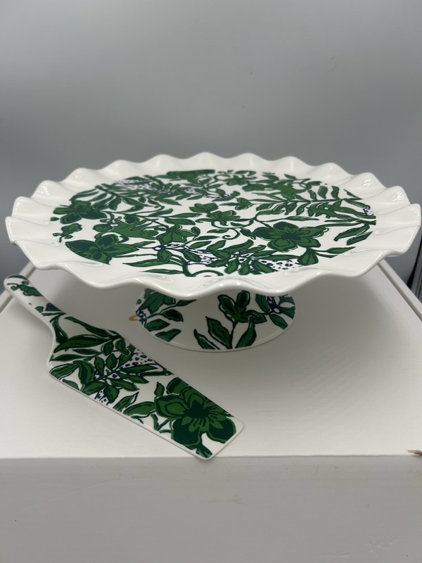Lilly Pulitzer 017521 12in Ceramic Cake Stand & Knife Set Green/White Floral