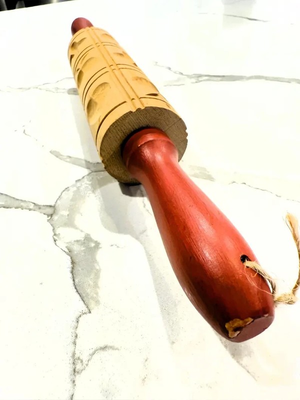 Vintage Springerle Rolling Pin: Embossed Wood Cookie Rolling Pin w/Red Handles gallery