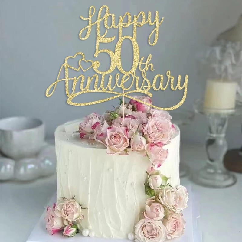 golden Glitter Happy 50th Anniversary Cake Toppers -Wedding Anniversary Party