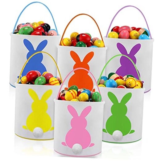 6 Pcs Canvas Easter Bunny Baskets for Kids Bulk Tote Bunny Egg Hunt Bags