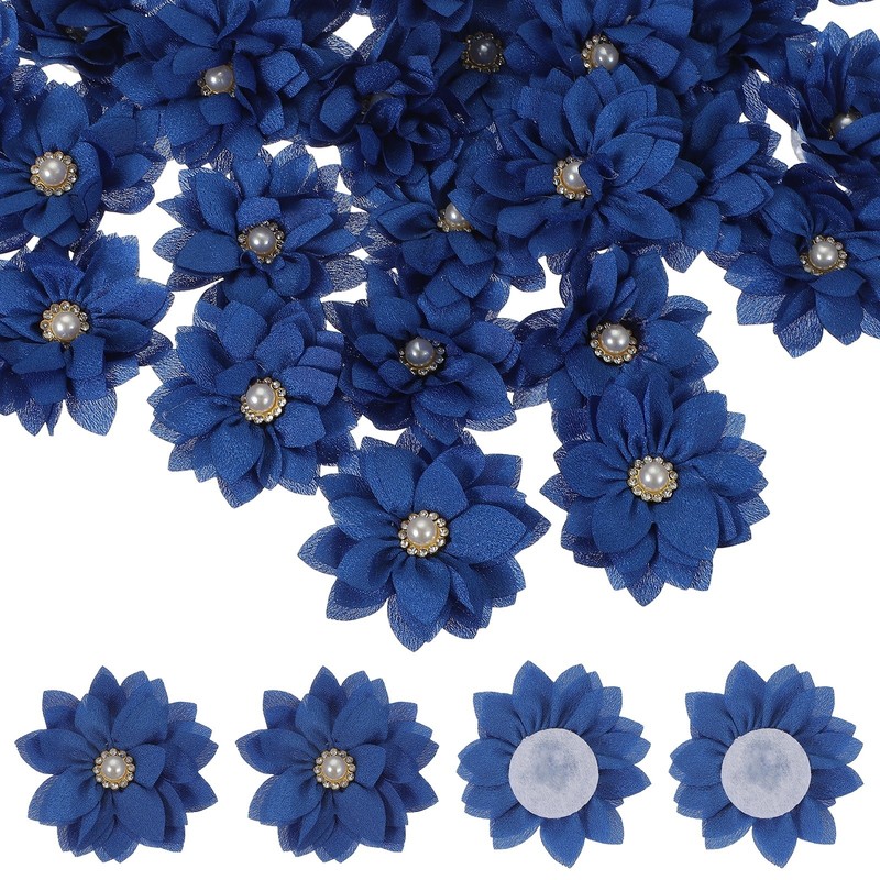 15Pcs 2″ Fabric Flowers Rhinestone Pearls Sewing Fabric Flowers Dark Blue