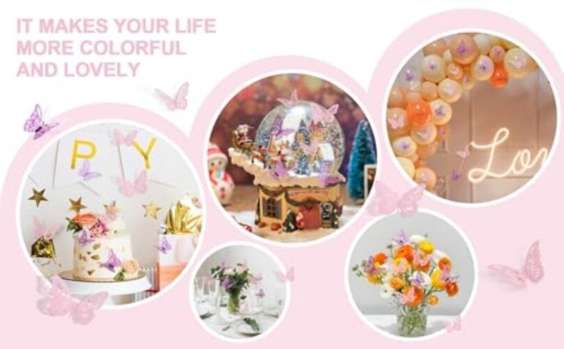 48 Pcs Butterfly Decorations, 4 Styles 3 Sizes, Wall Decor, 3D Pink and Purple gallery