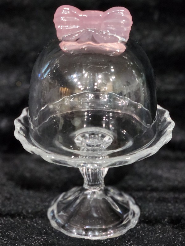 Pink Bow Glass Cupcake Stand 8x5 Cloche Domed Lid Scalloped Base Bridal Baby NEW gallery