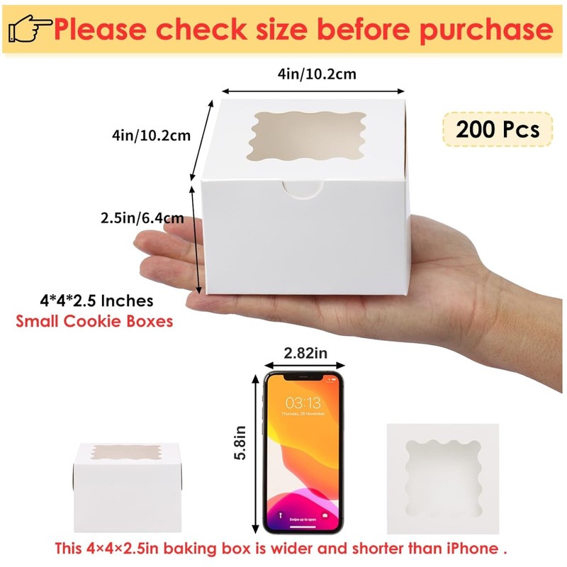 White Bakery Boxes with Window, 4x4x2.5 Inch, Pack of 200