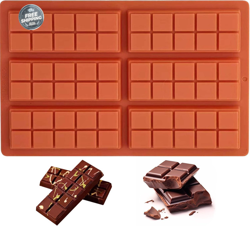 Silicone Chocolate Bar Mold – 6 Large Cavities, 10*6.7*0.59inches, Brown