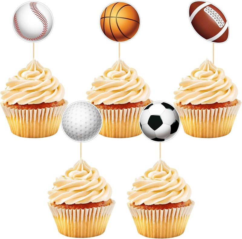 40Pcs Sports Cupcake Toppers Football Soccer Basketball Baseball Golf Ball Cake