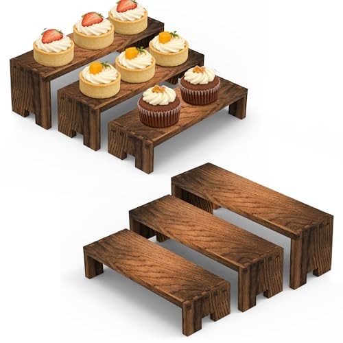 2 Set Wood Display Risers Small Wooden Stand 3 Tiered 6Pcs Small/2Pack Brown gallery