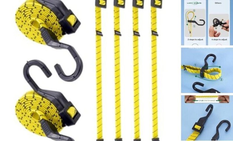 6 Pcs Flat Adjustable Bungee Cords with Hooks, 3X Faster to 48 Inch Yellow