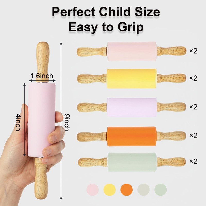10 PCS 9 Inch Small Silicone Rolling Pins Kids Wooden Handle Baking Dough gallery