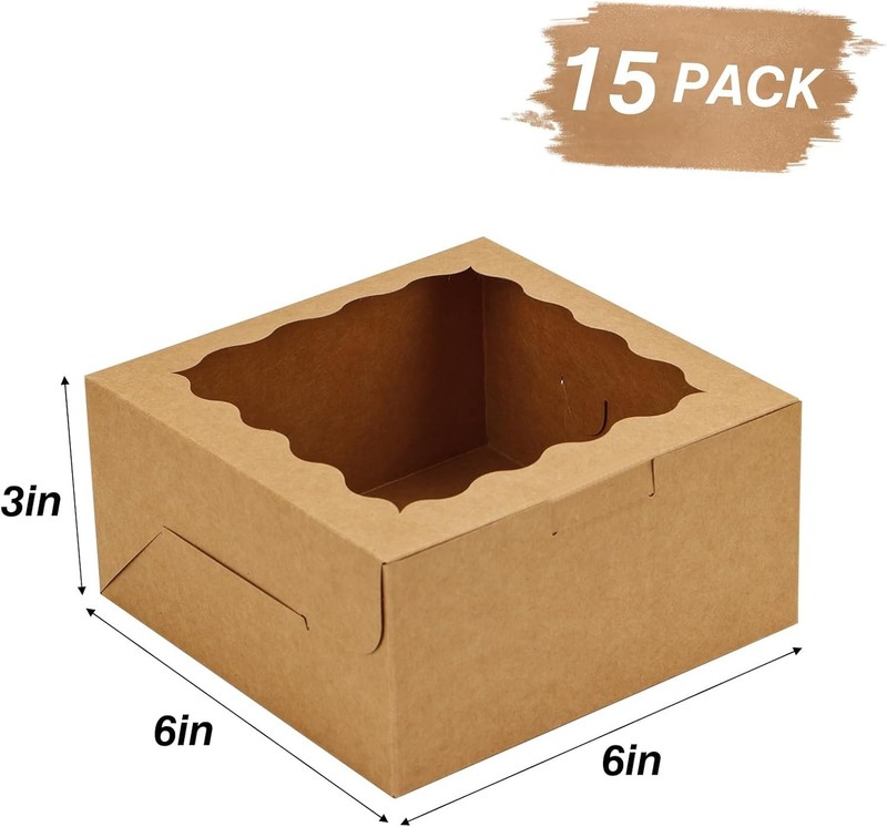 15pcs Cookie Boxes with Window, 6x6x3in Brown Bakery Boxes for Treats, Small Cak gallery