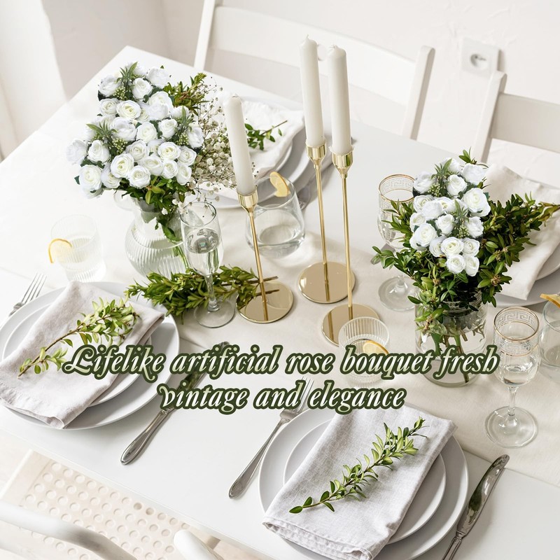 Zeyune 8 Pack 12 Inch Wedding Artificial Mini Rose Bouquet White Silk Flowers gallery
