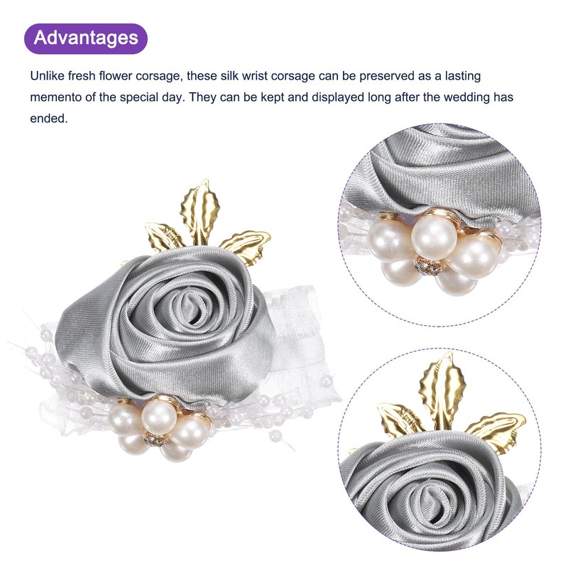 4pcs Wrist Corsage Artificial Flower Bracelets Rose Decorative 7x7cm Light Grey gallery