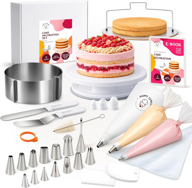 Cake Accessory Set with Premium Piping Nozzles & Piping Bag, Rotating Cake Plate