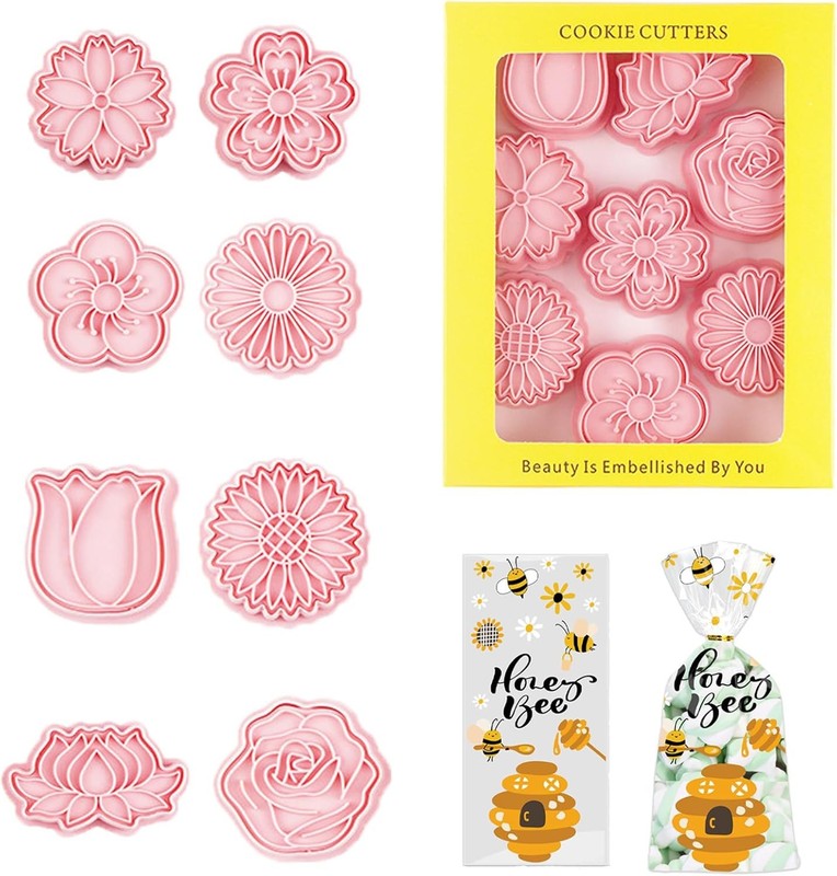8Pcs Flower Cookie Cutters Stamps Biscuit Baking Tools Embossing Cookie