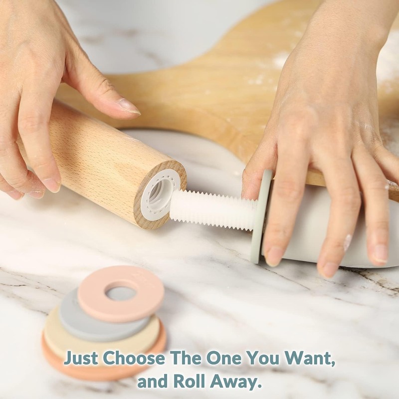Adjustable Wood Rolling Pin with 5 Thickness Rings, Precise Dough Roller Handle gallery