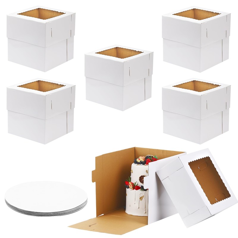 6-Pack 12x12x12 Inches Tall Cake Boxes with Boards Window for Tier Cakes