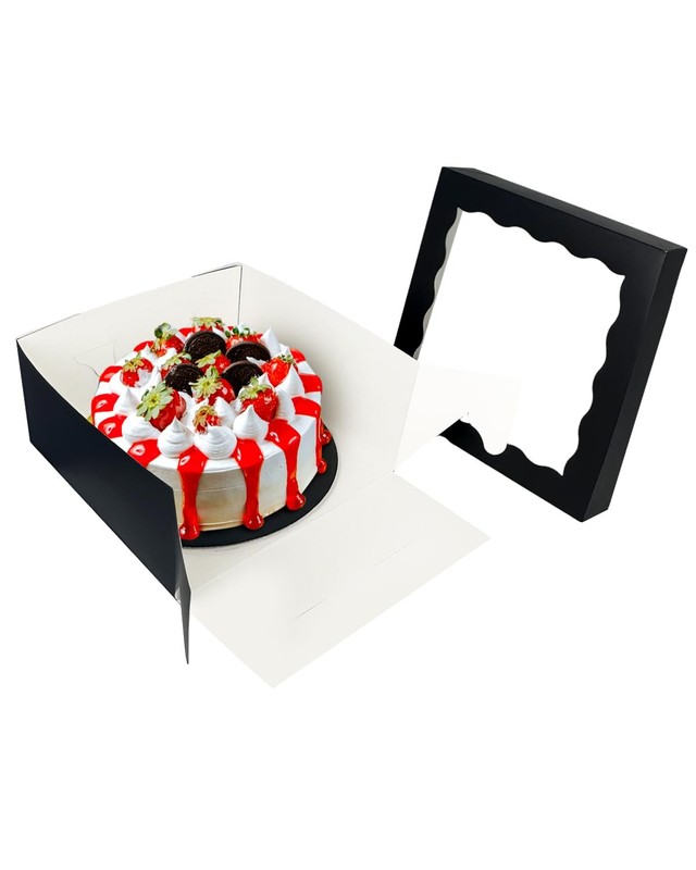 Black Bakery Cake Boxes With Window Round Boards Ribbon 12x12x6 Inch 18 PCS gallery