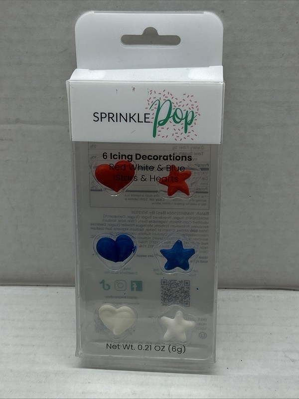 Sprinkle Pop 6 Stars & Hearts Icing Decorations (Red, White & Blue)