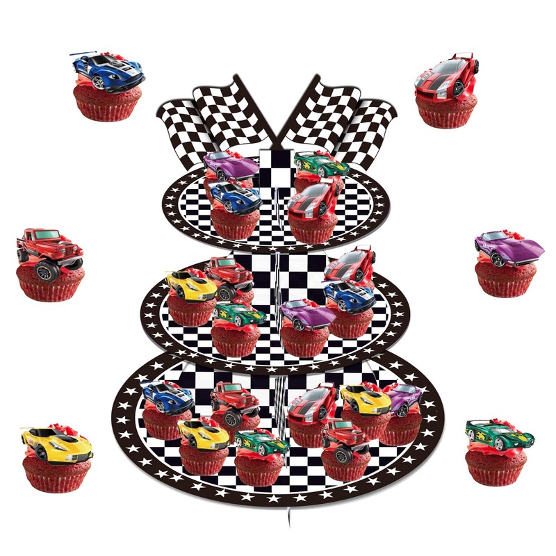 3 Tier Racing Car Cupcake Stand With 24pcs Toppers - Black and White Checkere...