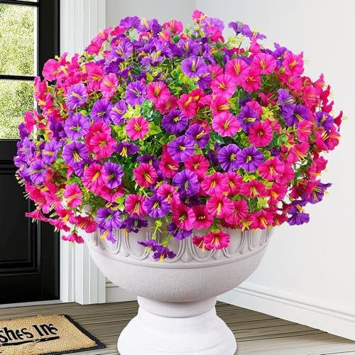 Look Real Artificial Flowers for Outdoors, 12 Bundles Purple and Fuchsia