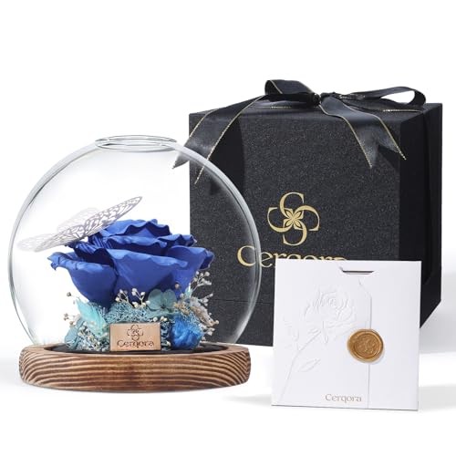 Ceramic Preserved Rose in Glass Dome, Handmade Eternal Ceramic Flower Blue