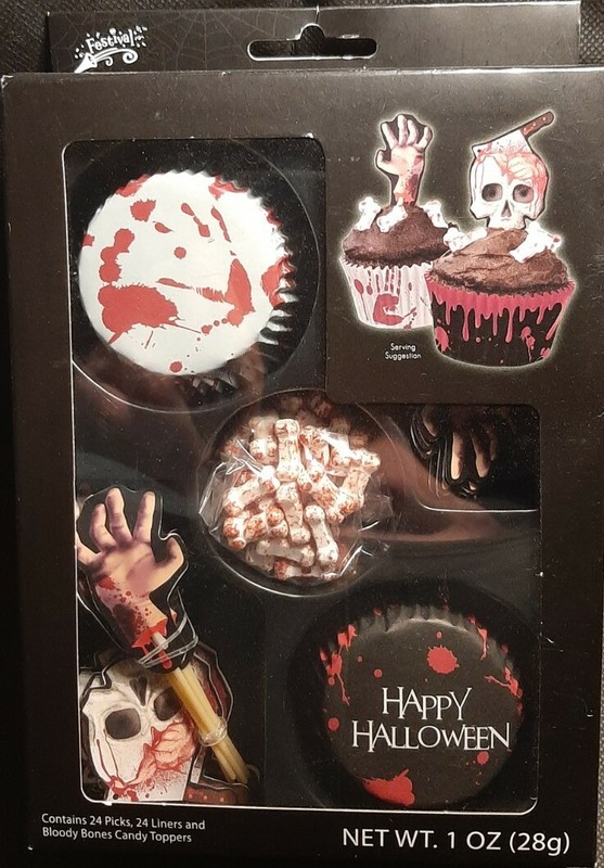 24 Halloween Party Skull and Bones Candy Cupcake Toppers Picks Bloody Liners Kit