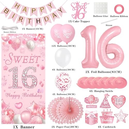 Sweet 16 Party Decorations for Girls - 39pcs Pink 16th Birthday Pink Sweet 16 gallery