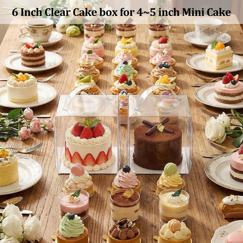 50 Pack Clear Cake Boxes with Handles, 6x6x6 Inch Square Transparent Bakery f gallery