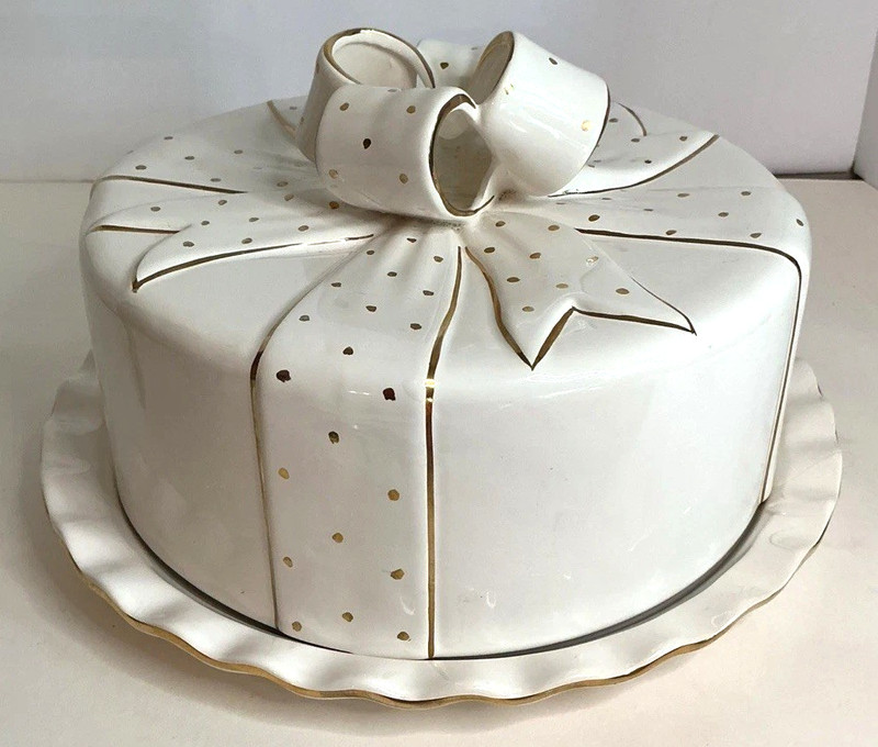 Vintage Portuguese Ceramic Cake Dome & Plate – Gift Box Bow Lid – White w/ Gold gallery