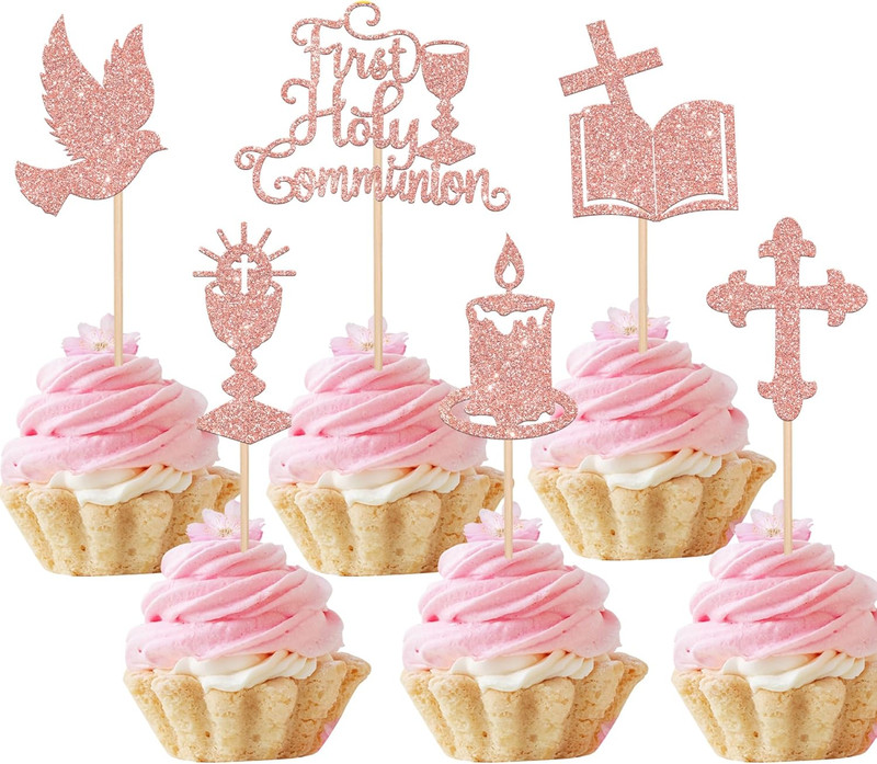 36 PCS First Holy Communion Cupcake Toppers Glitter Dove Cross God Bless Cupcake gallery