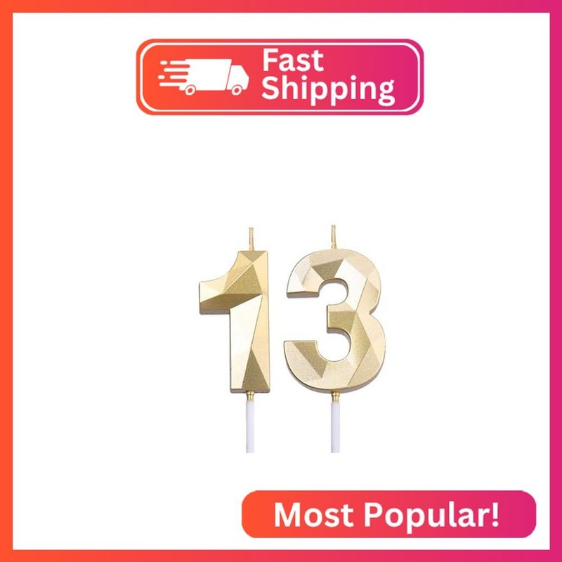 2 inch Gold 13 & 31 Birthday Candles, 3D Diamond Number 13rd & 31st Cake Topper