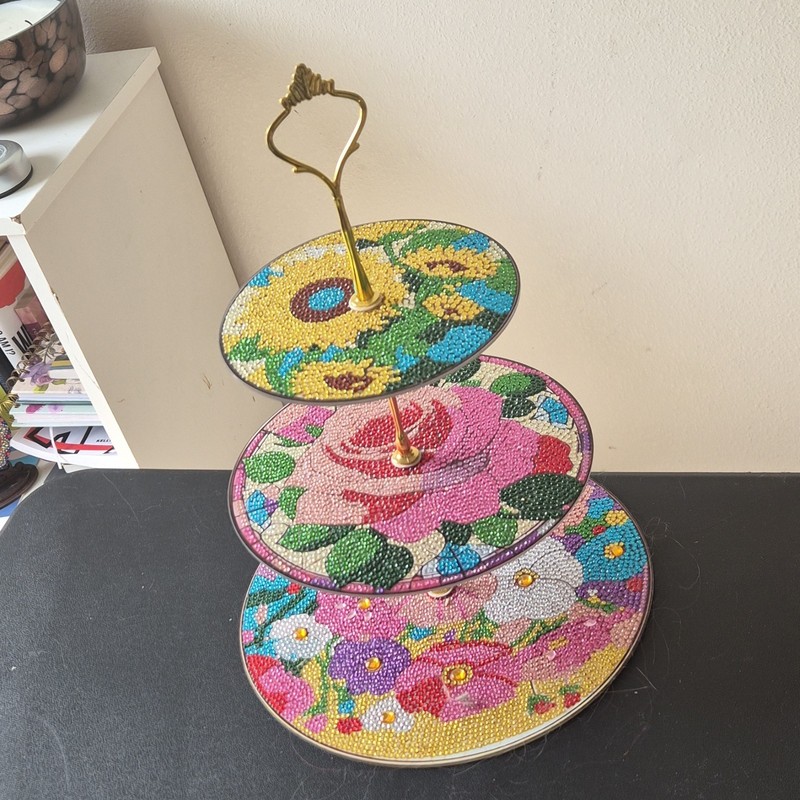 3-Tier Round Floral Multicolor Resin Stand Gold Finish Handle 12 in gallery