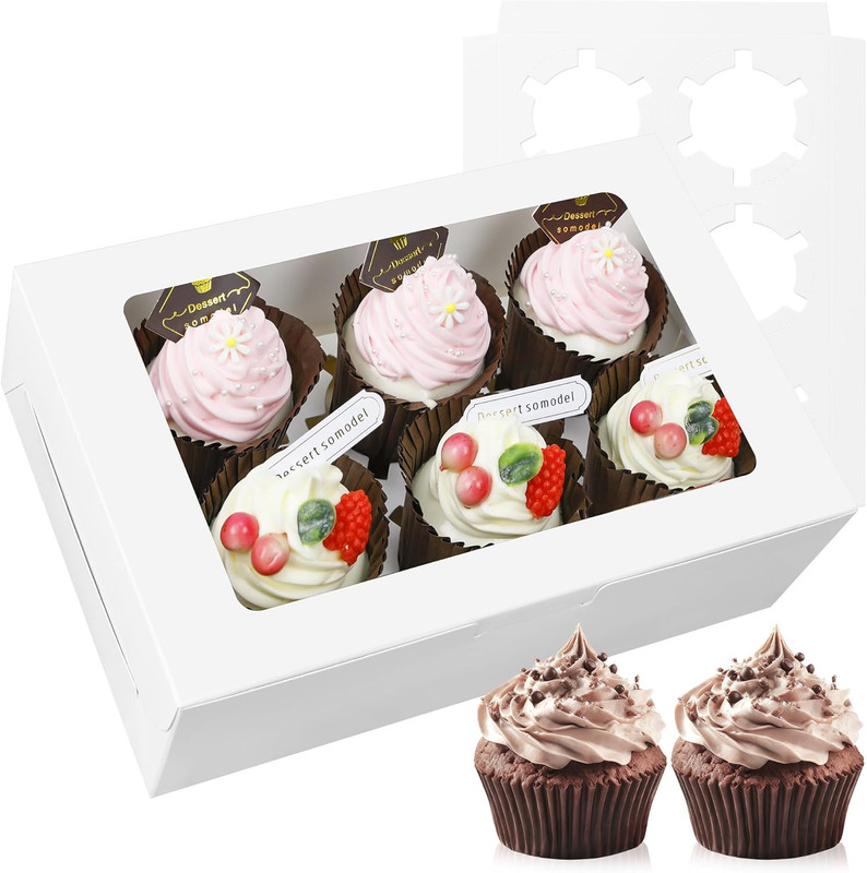 30-Set Cupcake Boxes Bulk with Clear Display Window Hold 6 Standard Cupcakes, Di