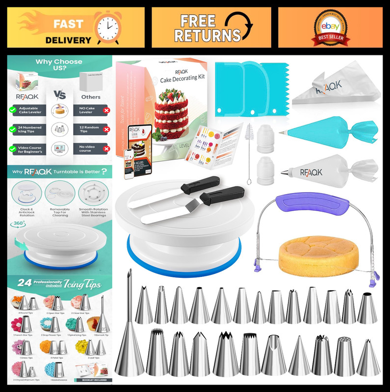 90PC Cake Decorating Kit – Leveler, Turntable, 24 Icing Tips, Piping Bags & More