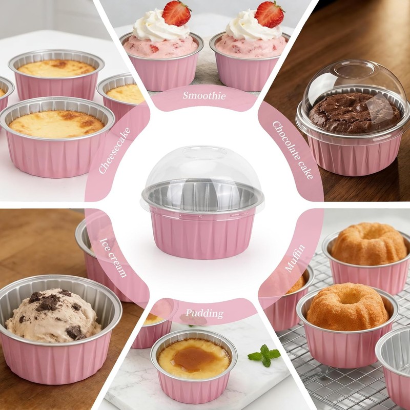 100-Pack 5 oz Pink Mini Cake Pans W/ Lids Disposable Aluminum Foil Baking Cups gallery