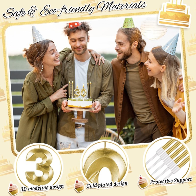 Mtlee Gold 30th Birthday Candles Set for Cakes Including Thin 30, gallery