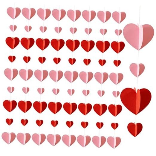 8 Pack Valentines 3D Heart Garland 6 Pack Each 9 Hearts 2 Layer Paper-Pink Red
