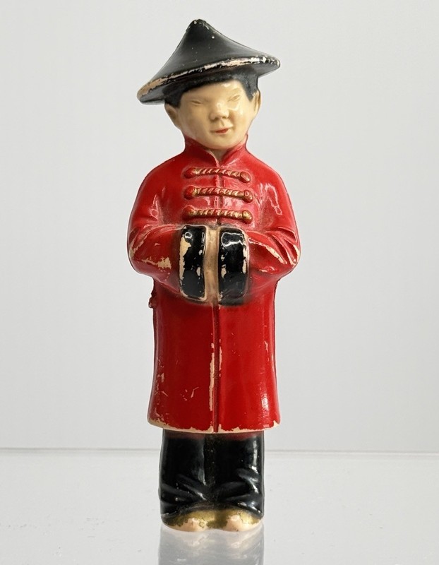 Vtg Hand Painted Hard Plastic Hollow Blow Mold Kitsch Asian Man Toy Cake Topper