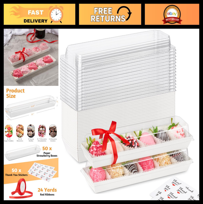 50 Pack Paper Strawberry Boxes with Clear Lids – Macaron Packaging for Treats