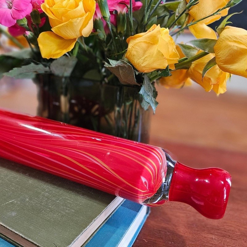 Hand Blown Art Glass Rolling Pin Red White Yellow Ribbon Swirl Murano Style Vtg