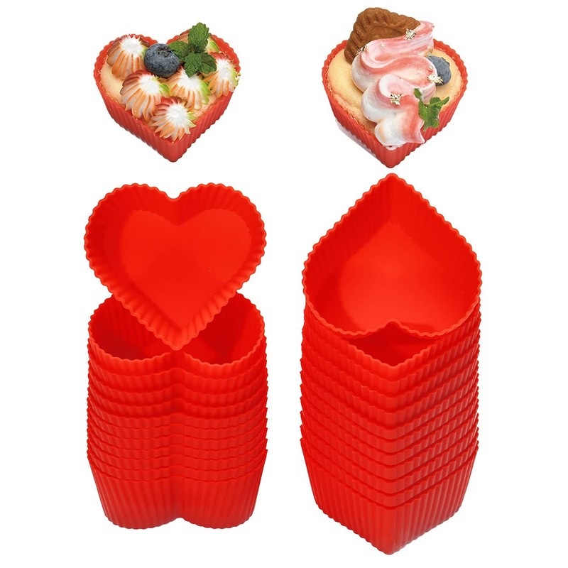 24 Pack Silicone Baking Cups, 2.75 Inch Heart Cupcake Liners, Reusable Molds