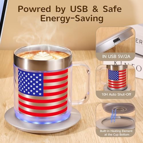 American Flag Coffee Mug Warmer, USB Heated Coffee Cup, Gift Silver FLAG-12oz gallery
